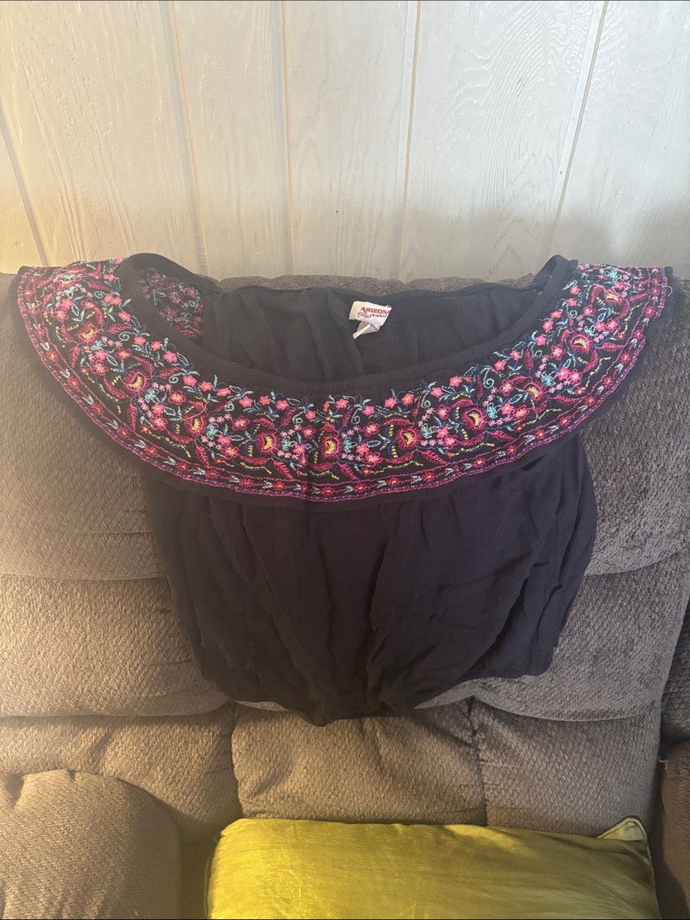 Arizona Jean Company Black Off-Shoulder Tunic with Multicolor Embroidery